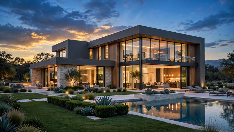 Modern two-story home with glowing interior lights, landscaped grounds, and a pool at dusk.