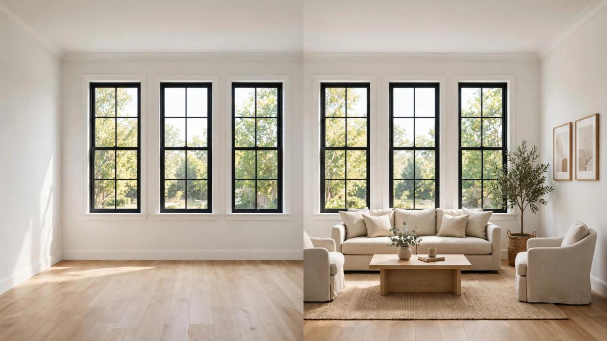 Illustrative virtual staging comparison of the same living room, vacant on the left and furnished on the right