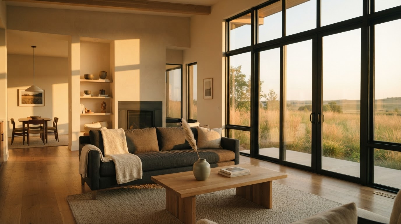 Sunlit modern living room with tall clean windows opening onto prairie grasses at golden hour