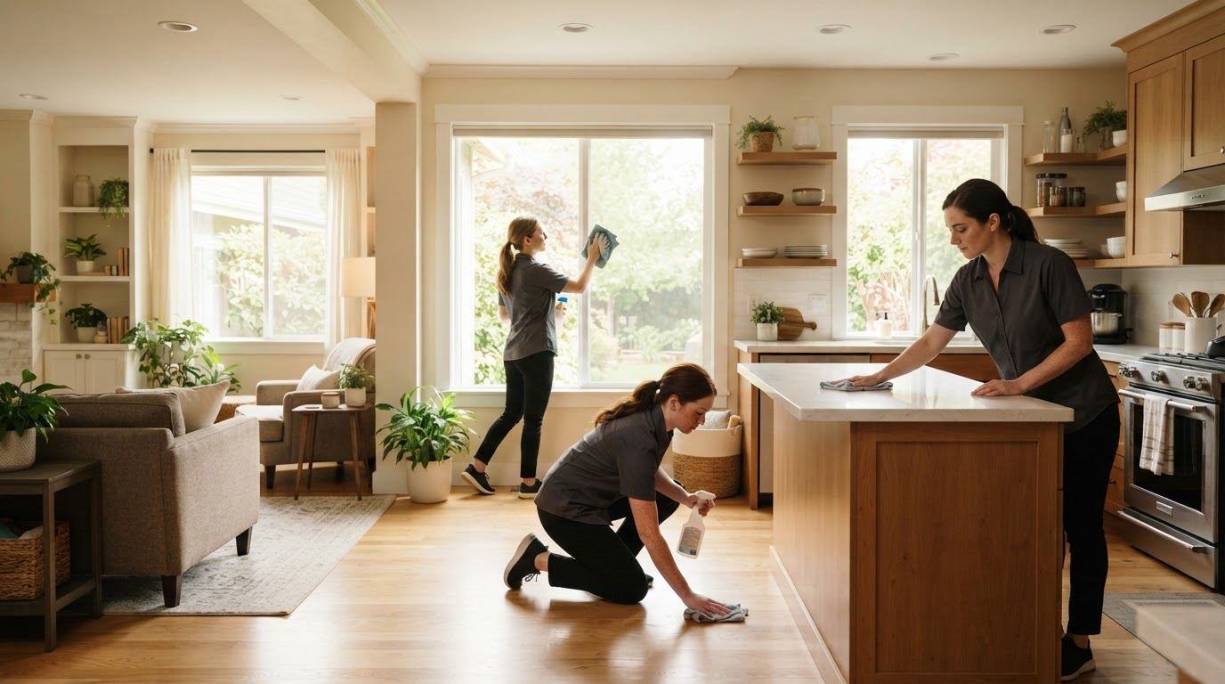 Three sisters from the family-owned cleaning team: one wiping counters, one cleaning the floor, and one cleaning a window in a bright home