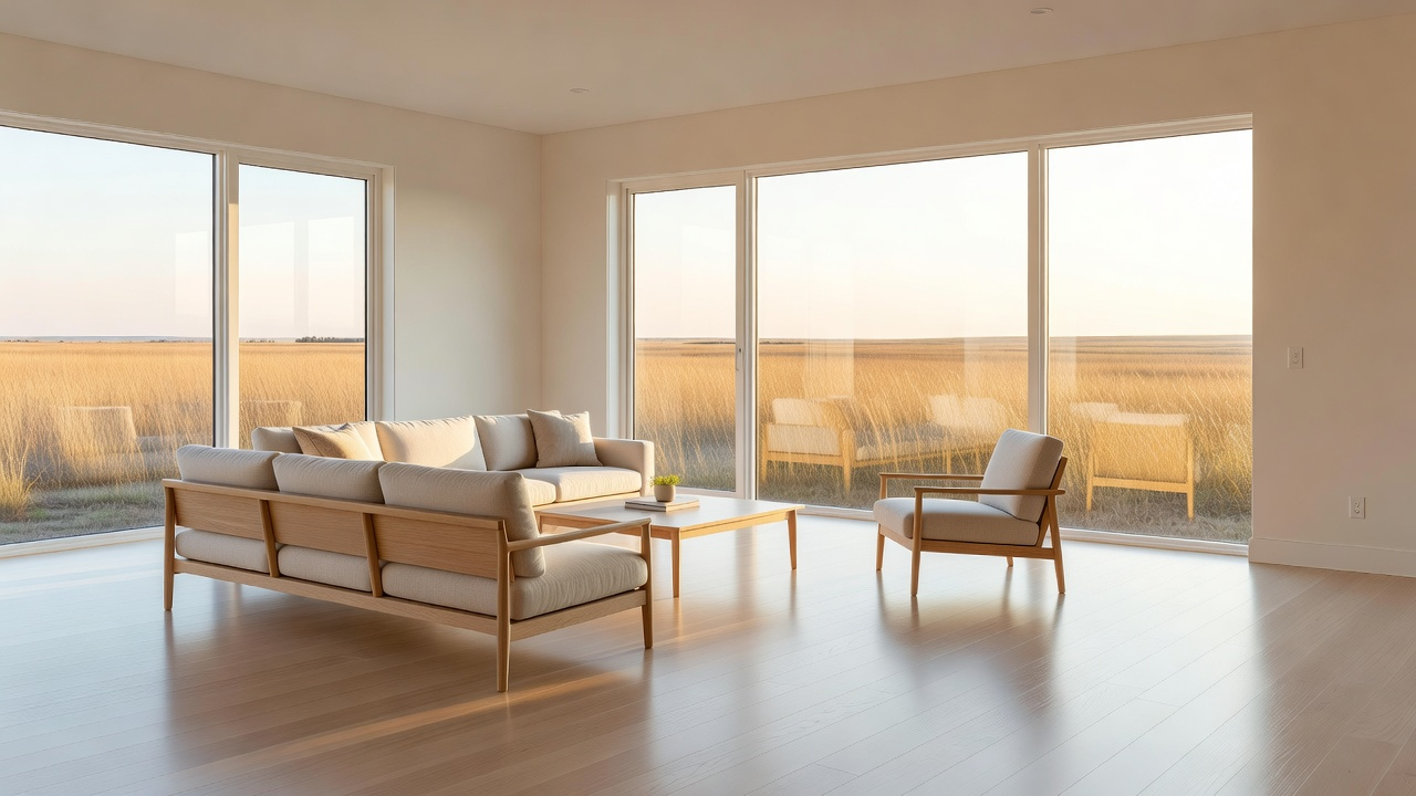 Bright modern living room after professional cleaning with large windows showing prairie light