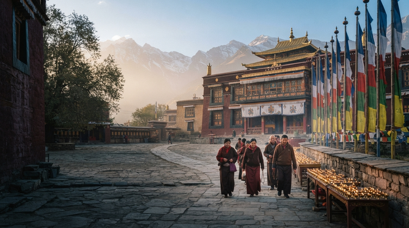 A Sakya monastery courtyard with prayer flags, offering lamps, and people gathering for practice