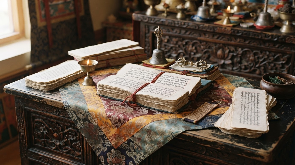Tibetan pecha prayer and sadhana texts associated visually with the Compendium of Tantras, arranged on richly patterned brocade over a carved Tibetan wooden table