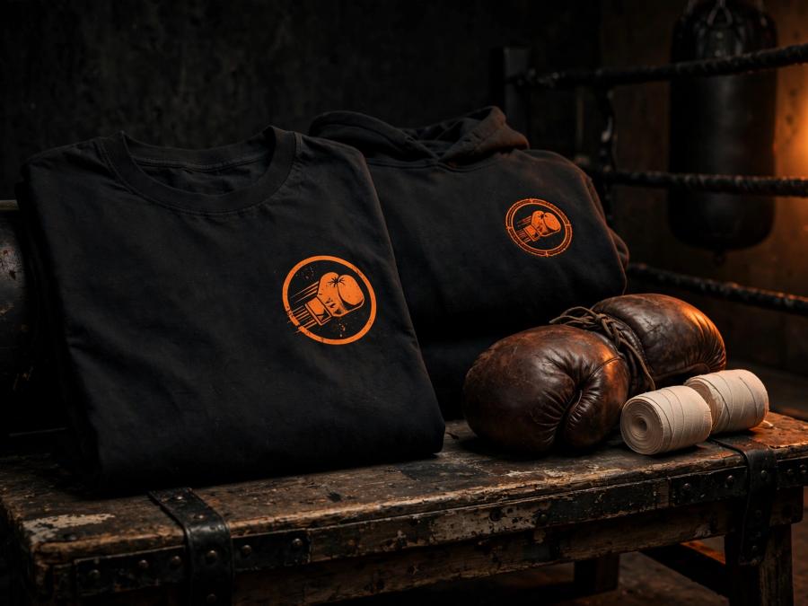 Black club shirts with orange gym crests beside boxing gloves and hand wraps