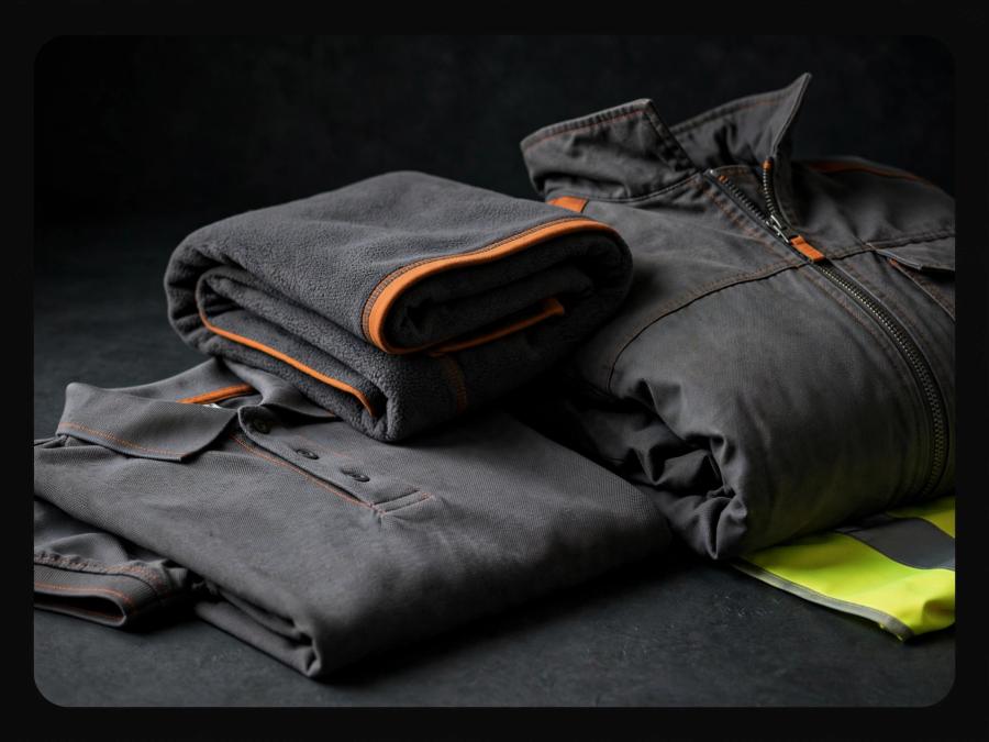 Charcoal workwear arranged with orange trim, including a fleece, jacket, polo and hi-vis garment.