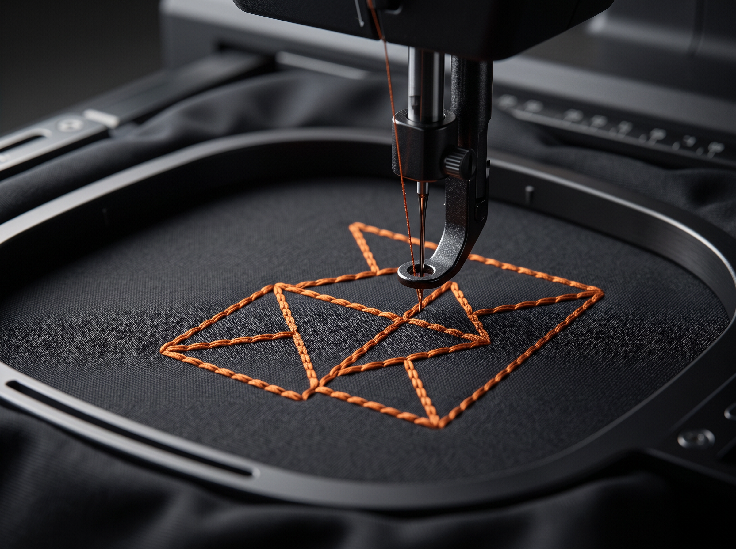 AI concept image of orange embroidery stitching on dark fabric in a hoop