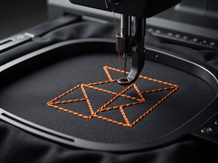AI concept image of orange embroidery stitching on dark fabric in a hoop