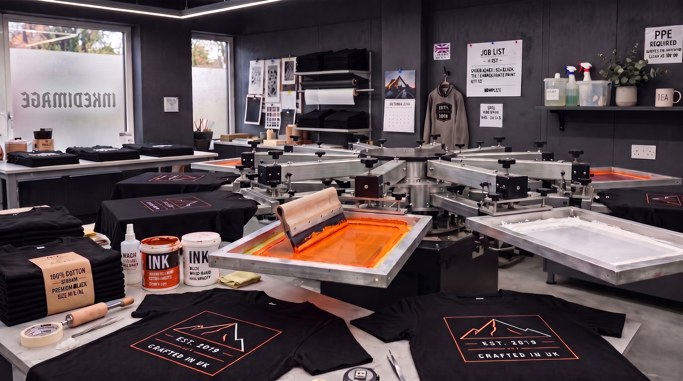 Inkedimage screen printing carousel in studio with fresh ink on custom apparel