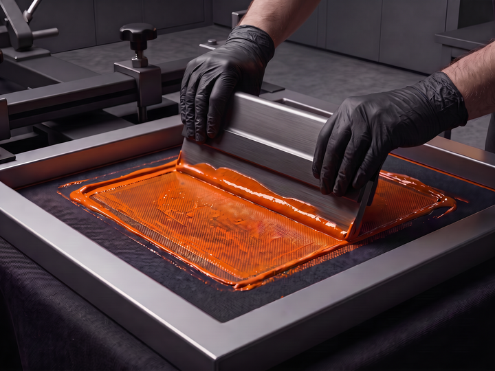 AI concept image of a screen-printing squeegee applying orange ink to dark fabric