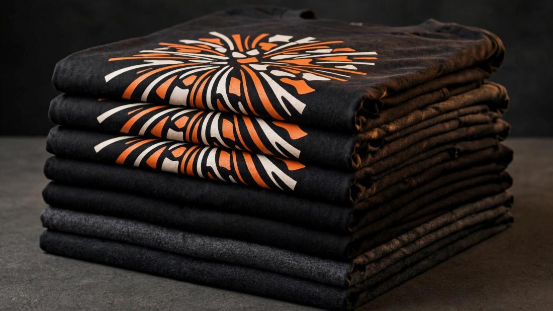 A neat pile of folded dark T-shirts, with matching abstract orange and bone-white prints visible on several top shirts.