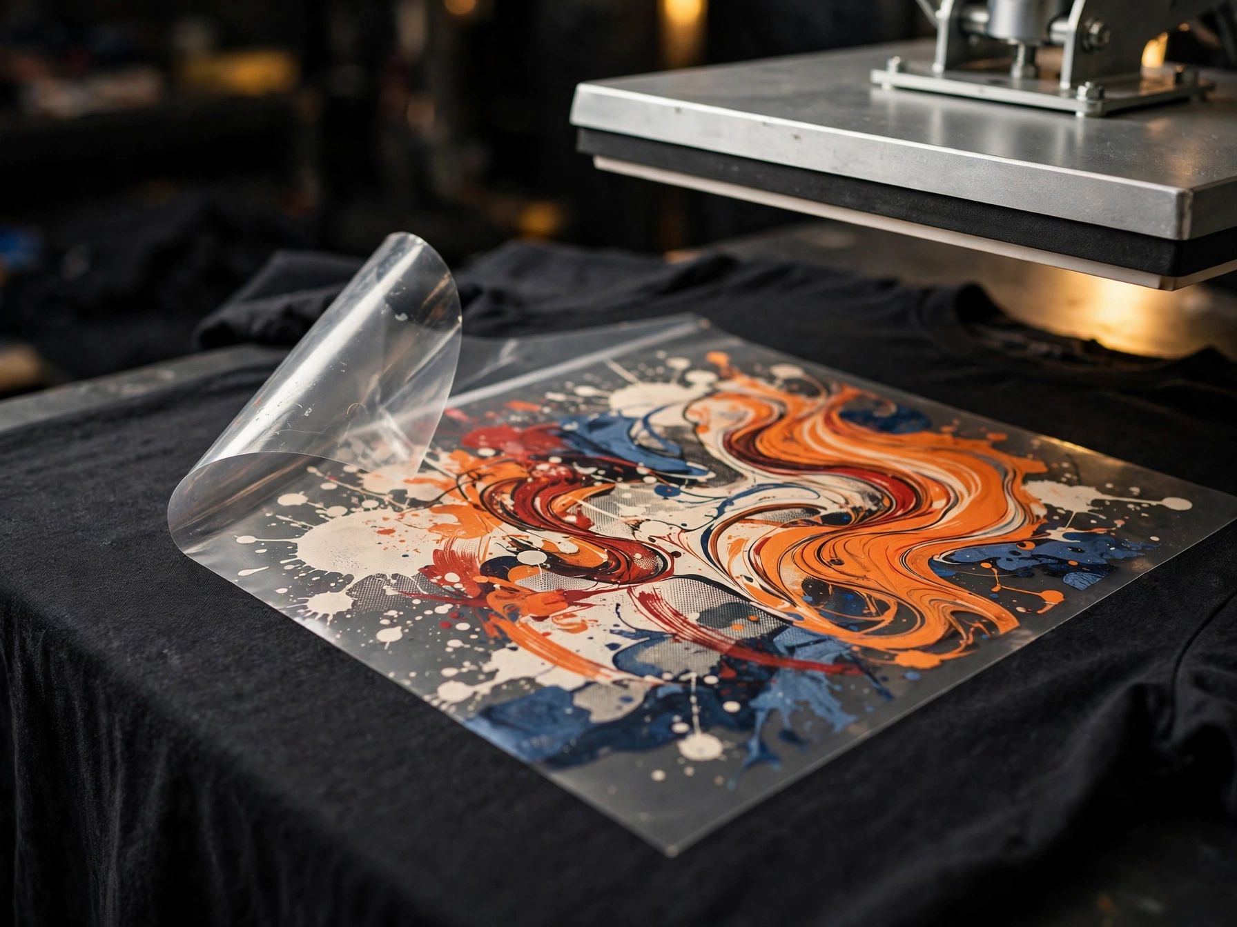 AI concept image of full-colour transfer film being prepared over a dark garment