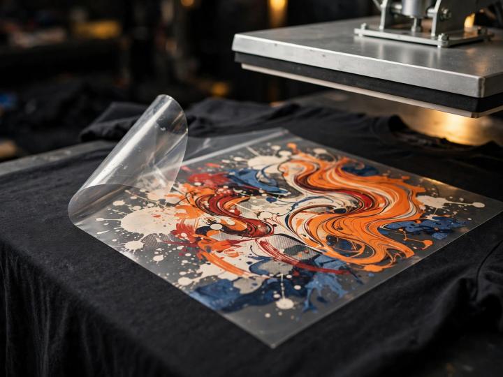 AI concept image of full-colour transfer film being prepared over a dark garment