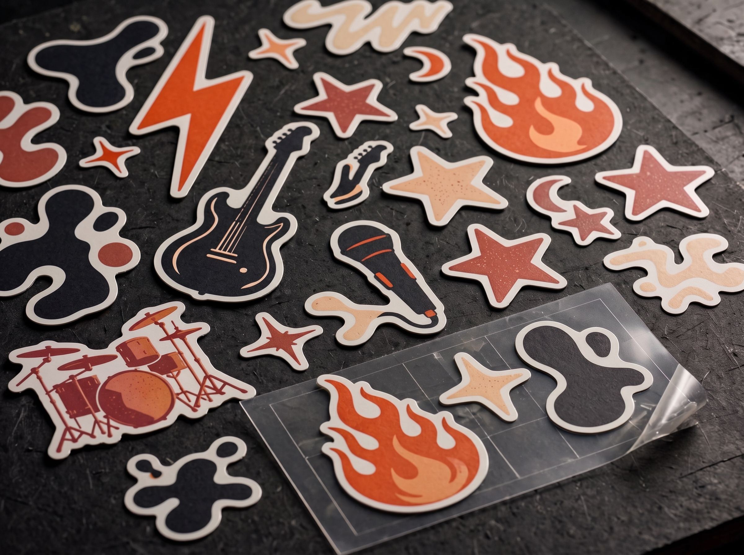 Flat printed music-inspired band stickers featuring guitars, a microphone, drums, flames, and stars in black, cream, and orange
