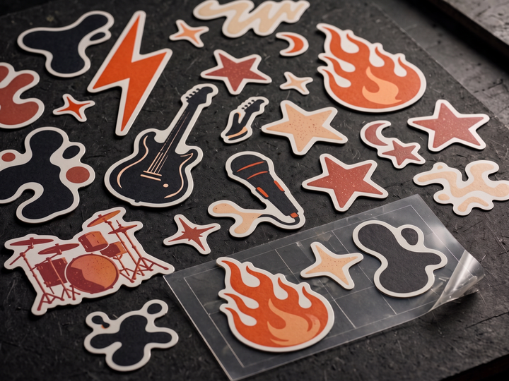 Flat printed music-inspired band stickers featuring guitars, a microphone, drums, flames, and stars in black, cream, and orange
