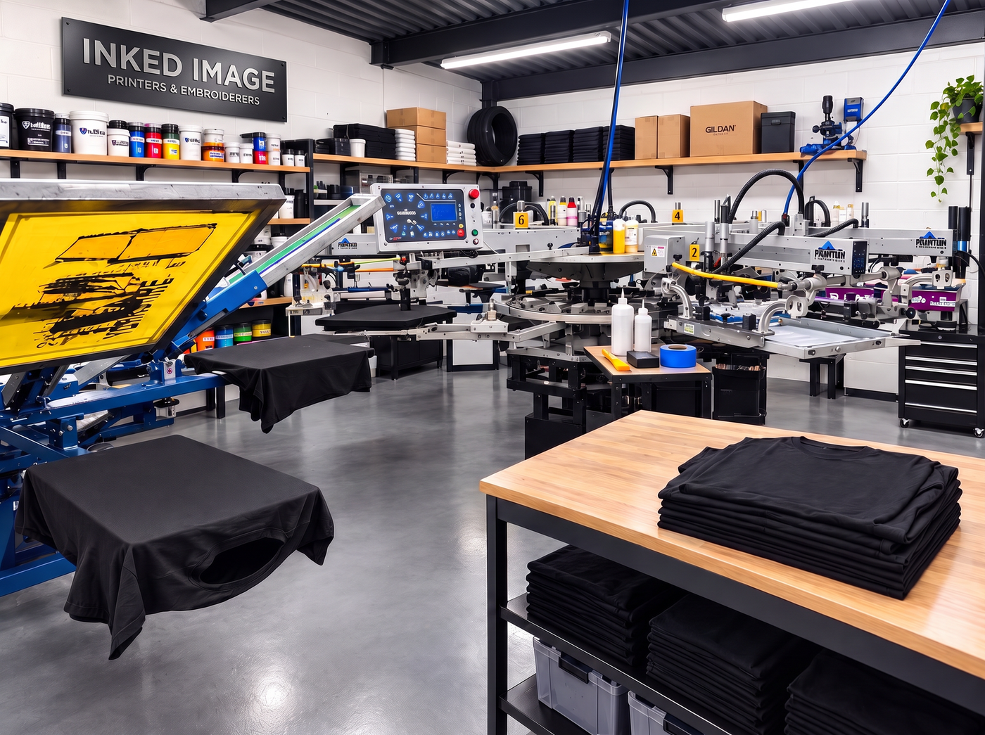Promotional image showing screen-printing presses, ink supplies, stacks of black T-shirts and an Inked Image wall sign.