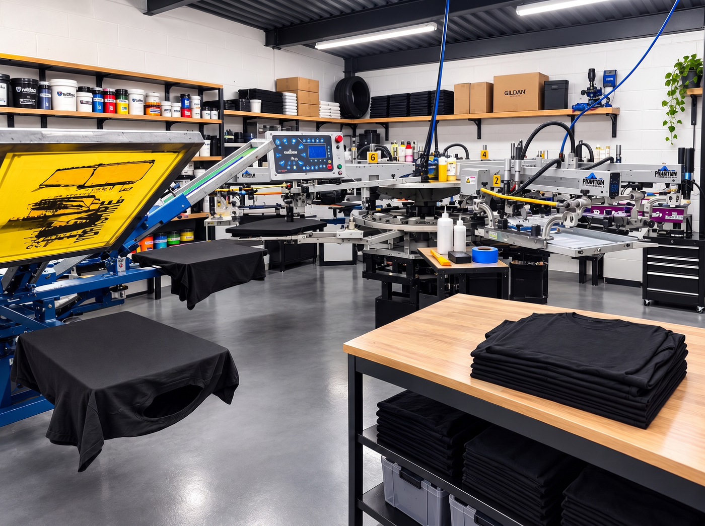 Screen-printing presses and ink supplies in the studio, with plain black T-shirts folded on a worktable.