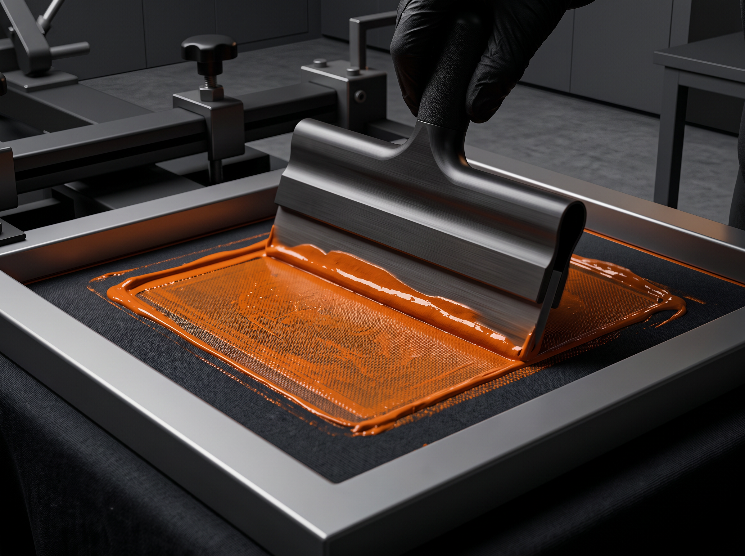 AI concept image of a screen-printing squeegee applying orange ink to dark fabric