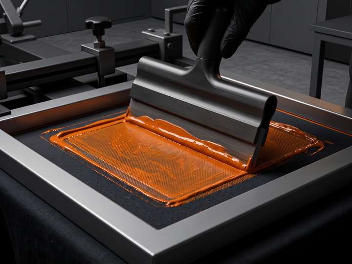 AI concept image of a screen-printing squeegee applying orange ink to dark fabric