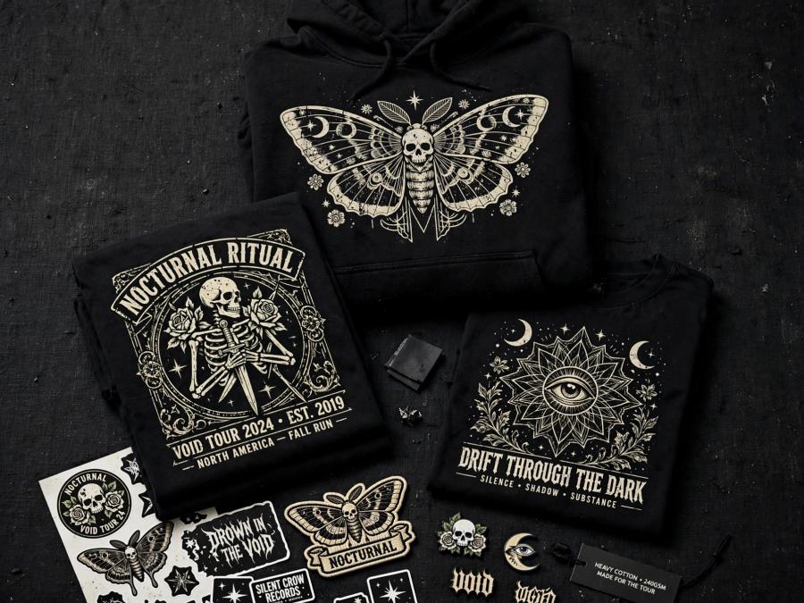 Tour band merchandise mockup including custom screen printed black tees and hoodie
