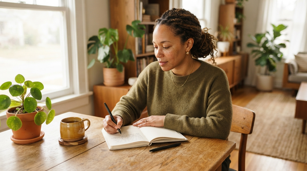 Woman writing in a journal at a sunlit table with a cup of tea