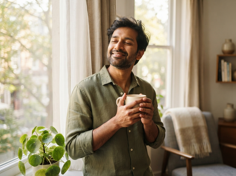 Man holding a warm mug beside a sunlit window with a peaceful smile