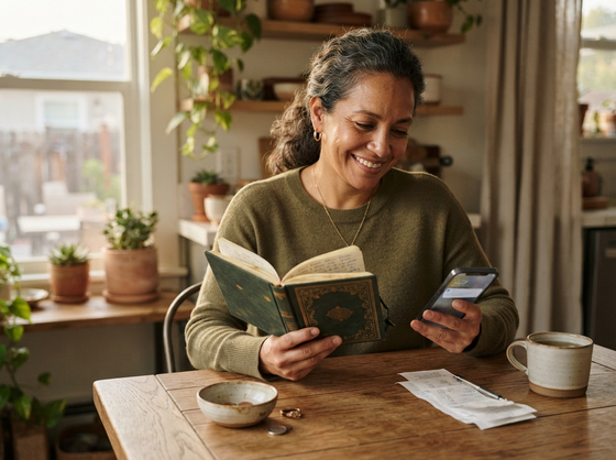 Woman smiling while reviewing a journal and phone at a sunlit kitchen table