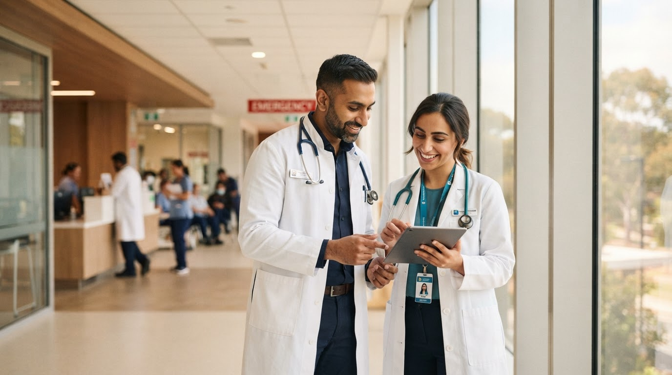 Two doctors in an Australian hospital corridor reviewing a tablet together