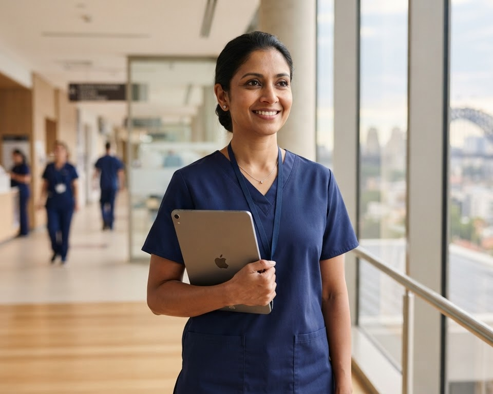Overseas-trained doctor reviewing Australian registration pathway map with stethoscope and compass elements