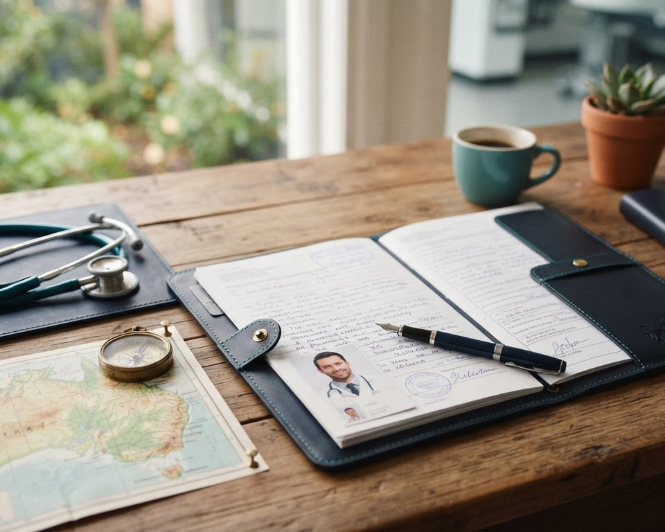 Desk with Ahpra and AMC documents, Australian map and compass illustrating overseas doctor paperwork