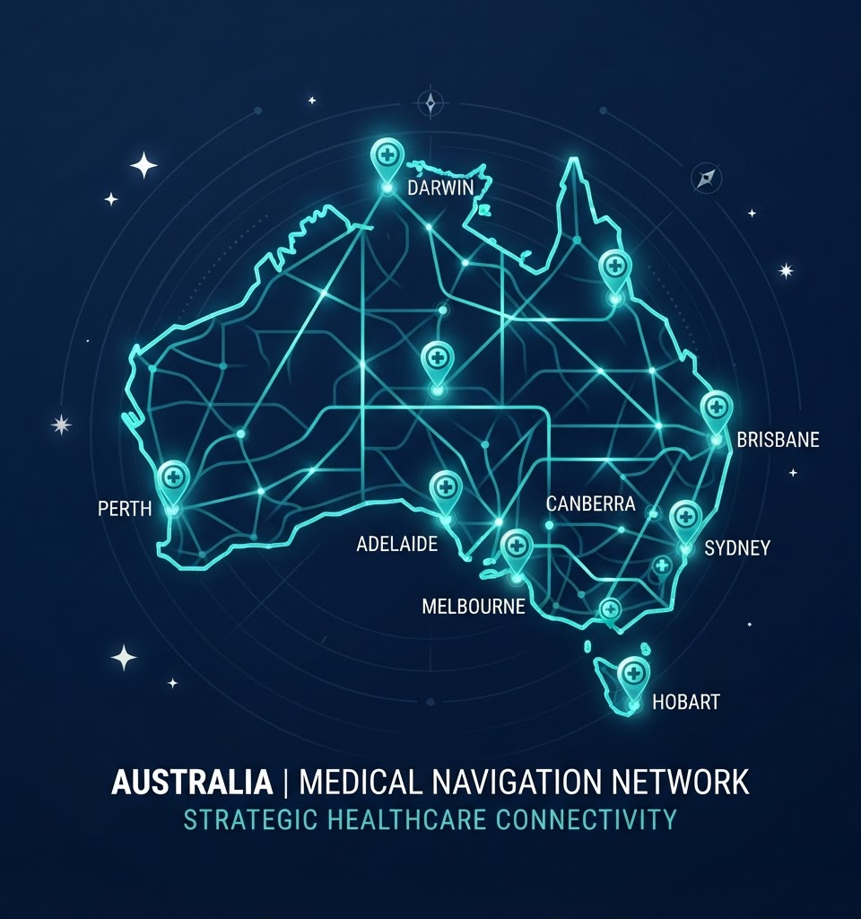 Illustrated map of Australia with medical pathway routes, compass and stethoscope icons showing IMG navigation