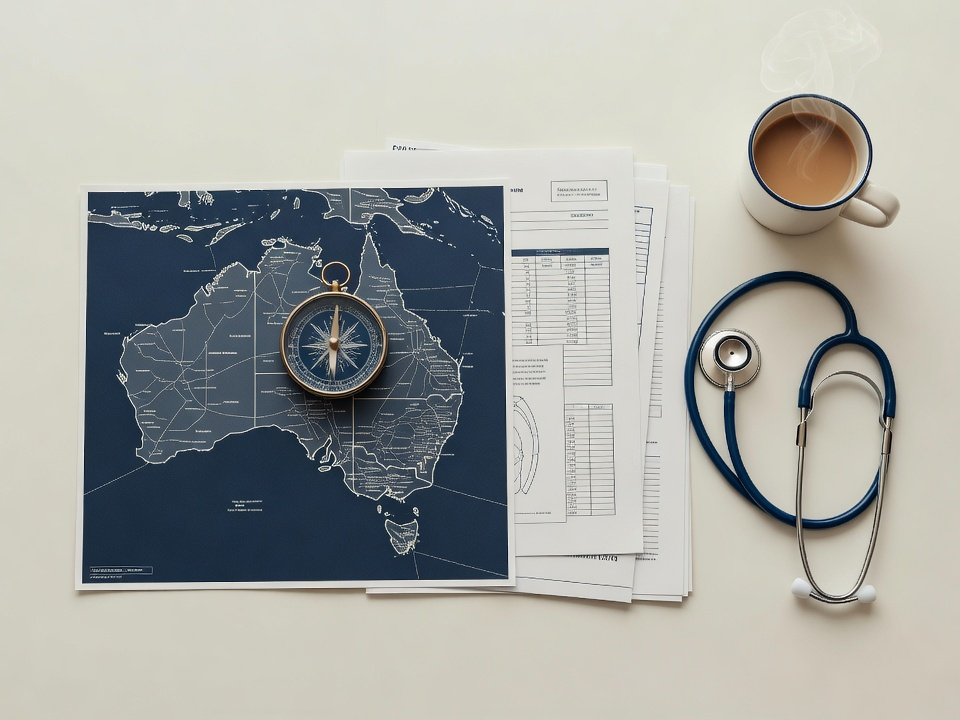 Desk with Australian map, compass, medical documents, stethoscope and coffee - planning a medical career move