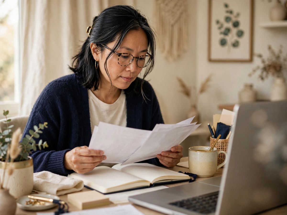 A woman comparing notes at a home workspace with a notebook and laptop