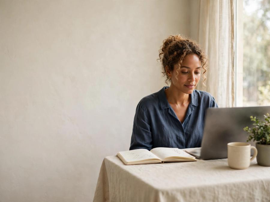 A woman planning an online business at a bright home desk