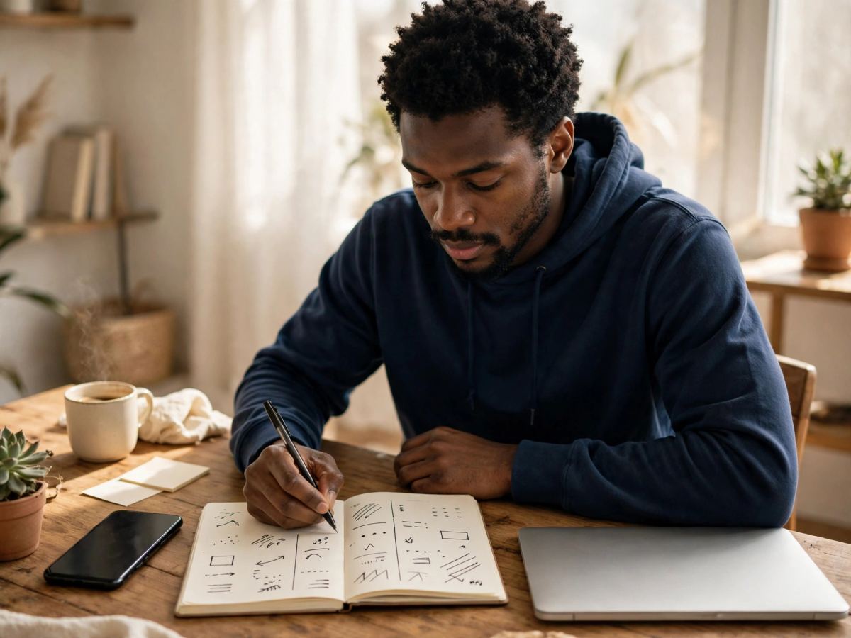 A man writing a simple weekly plan in a notebook at a sunny table