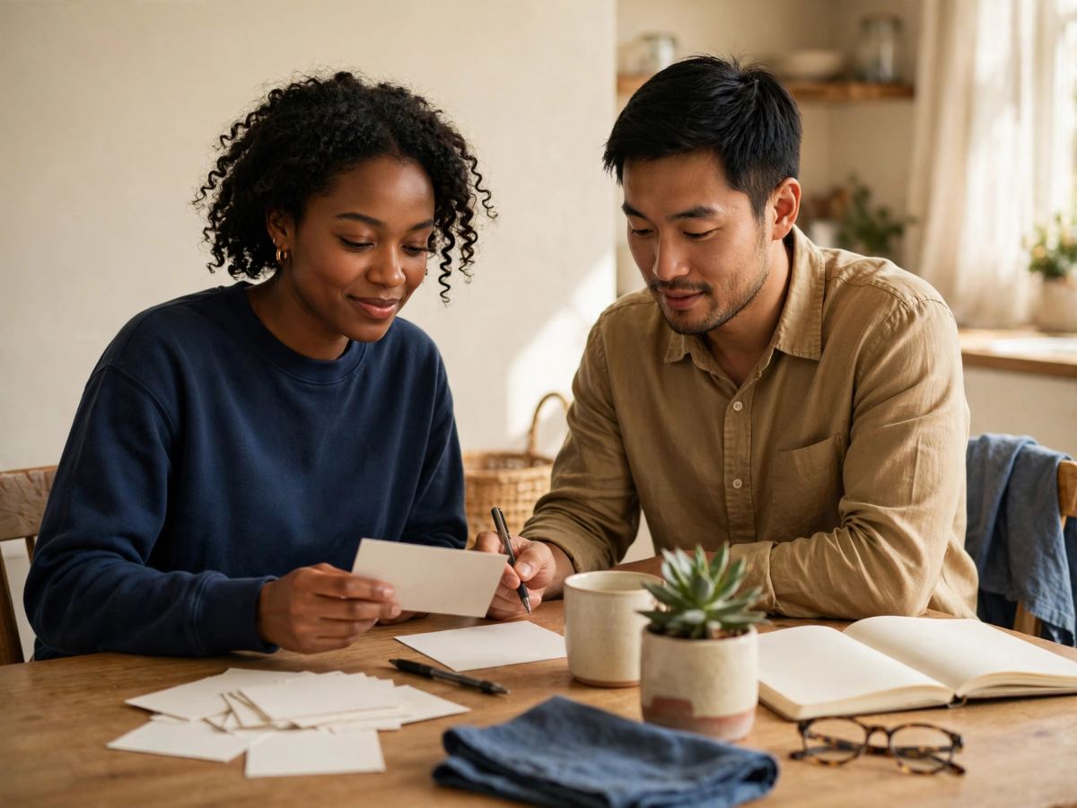 Two people organizing a simple weekly plan at a bright kitchen table