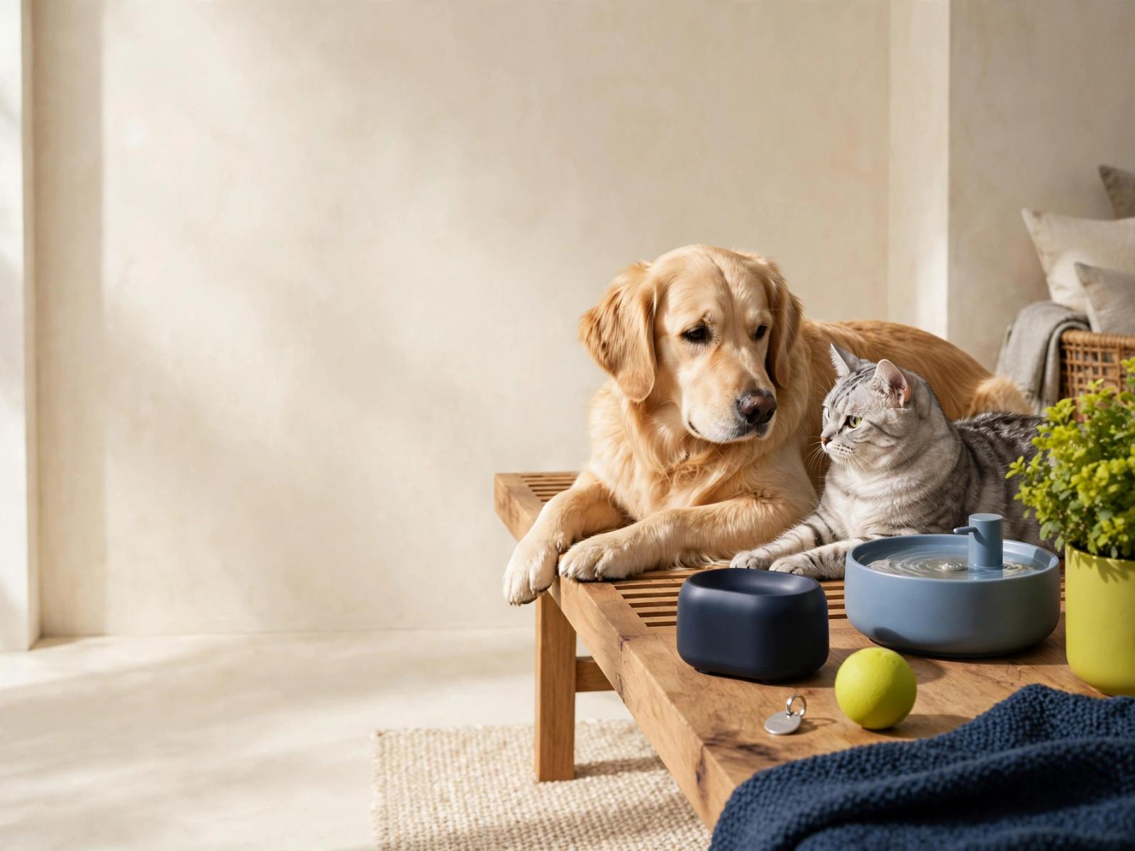 A golden retriever and a silver tabby cat beside pet gadgets in a sunlit room