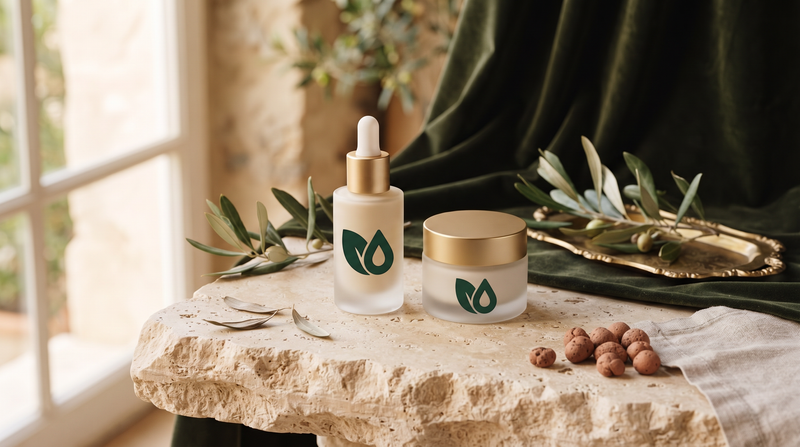 Editorial still life of Velmora skincare on limestone
