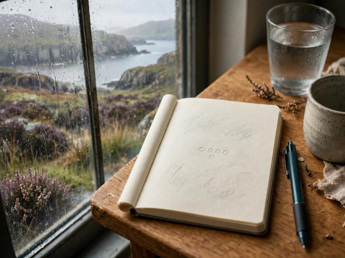 An open notebook, a glass of water and a pen beside a rain-washed Highland coastline window
