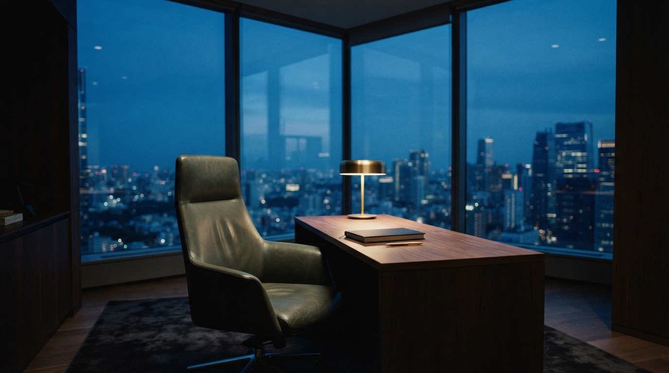 A quiet executive office at dusk, suggesting privacy and calm reflection