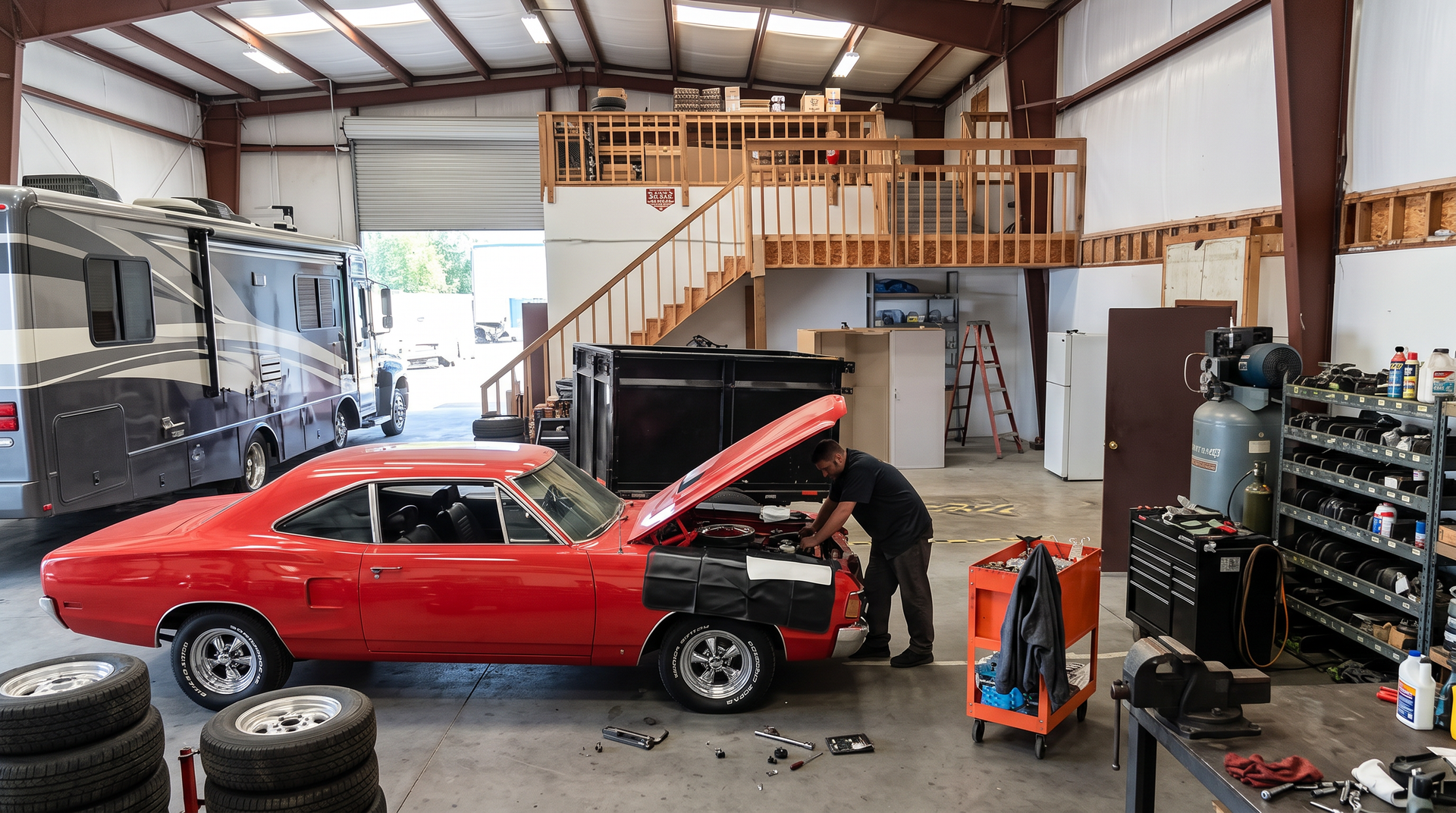 Inside Top Notch Auto Repair shop - red classic car, technician working, RV bay, staircase and loft - Vancouver WA