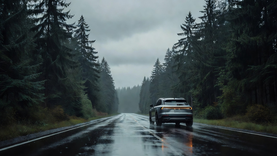 Vehicle on wet Pacific Northwest road - Vancouver WA rain driving conditions