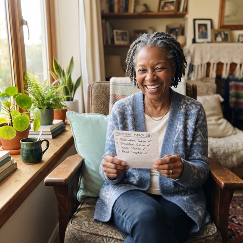 Black woman seated in a chair, smiling as she holds a handwritten daily checklist