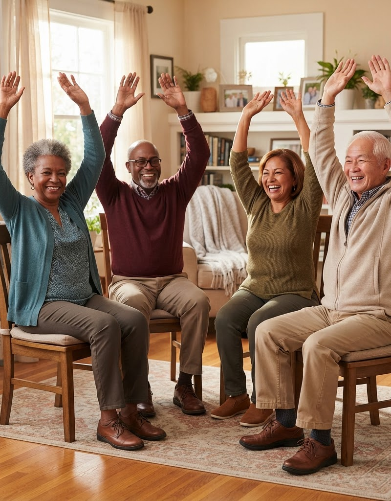 Four diverse seniors including Black woman, Black man, Hispanic woman and Asian man doing the same gentle seated stretch together from sturdy chairs, smiling and encouraging