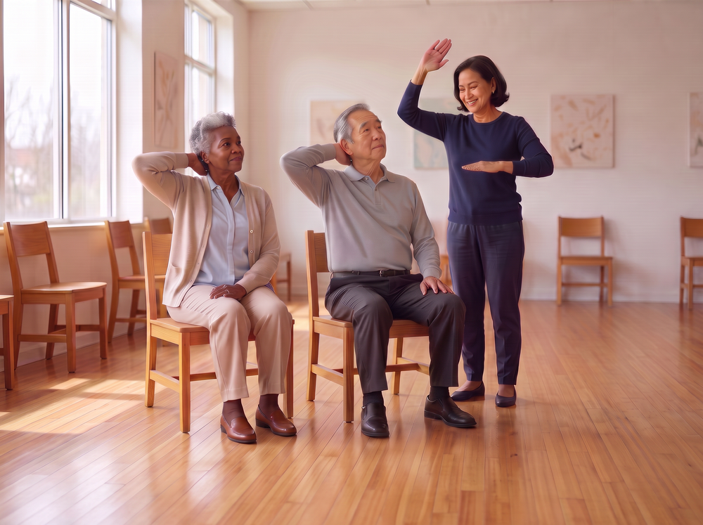 Two diverse seniors seated on full wooden chairs doing gentle neck stretches with an instructor raising hand, complete shoes, all chair legs and generous floor space fully visible in a bright community room