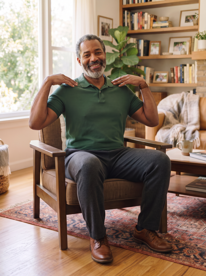 African American man around 50 in a green polo seated in a chair, doing a gentle shoulder movement at home