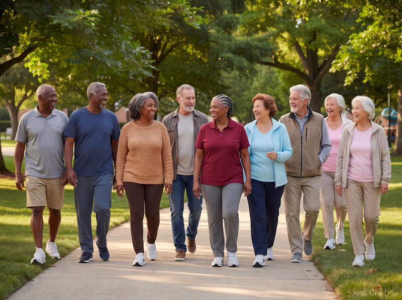 A diverse group of adults 50 and older walking together in a sunny park