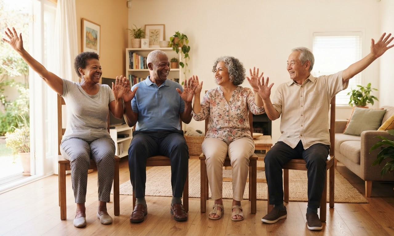 Four joyful seniors seated on wooden chairs in a bright living room doing gentle arm stretches together, arms wide with all hands and fingertips clearly visible