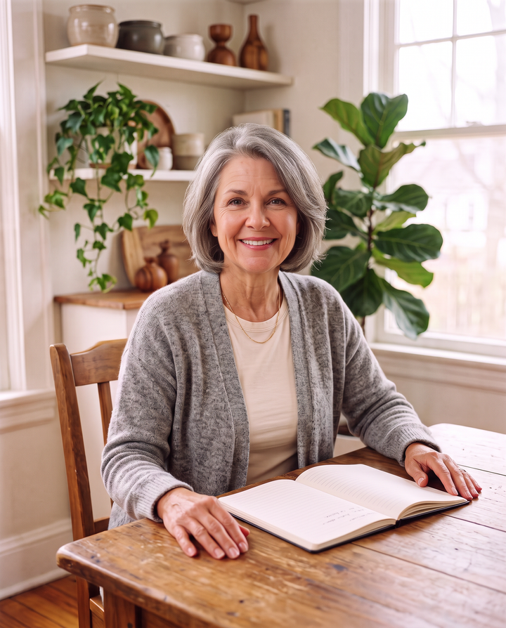 White woman in a gray cardigan seated at a table with an open notebook