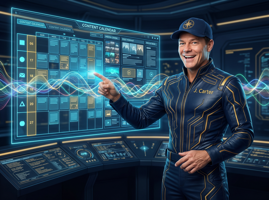 J. Carter in content command center presenting holographic multi-channel content calendar and engagement signals
