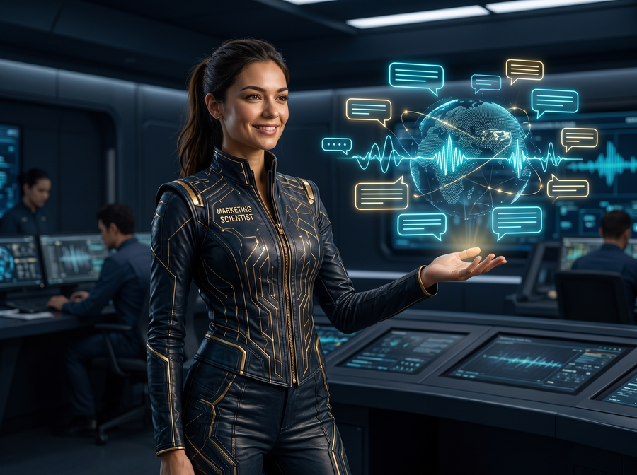 Dr. Aris, marketing scientist in navy and gold uniform, happily presenting glowing chat bubbles and conversational AI waveforms in a futuristic command center